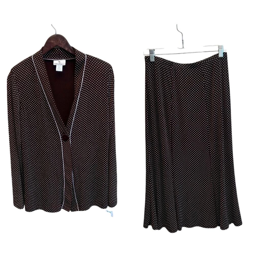 NWT Vintage The Travel Collection Brown Polka Dot Jacket Skirt Set Size M